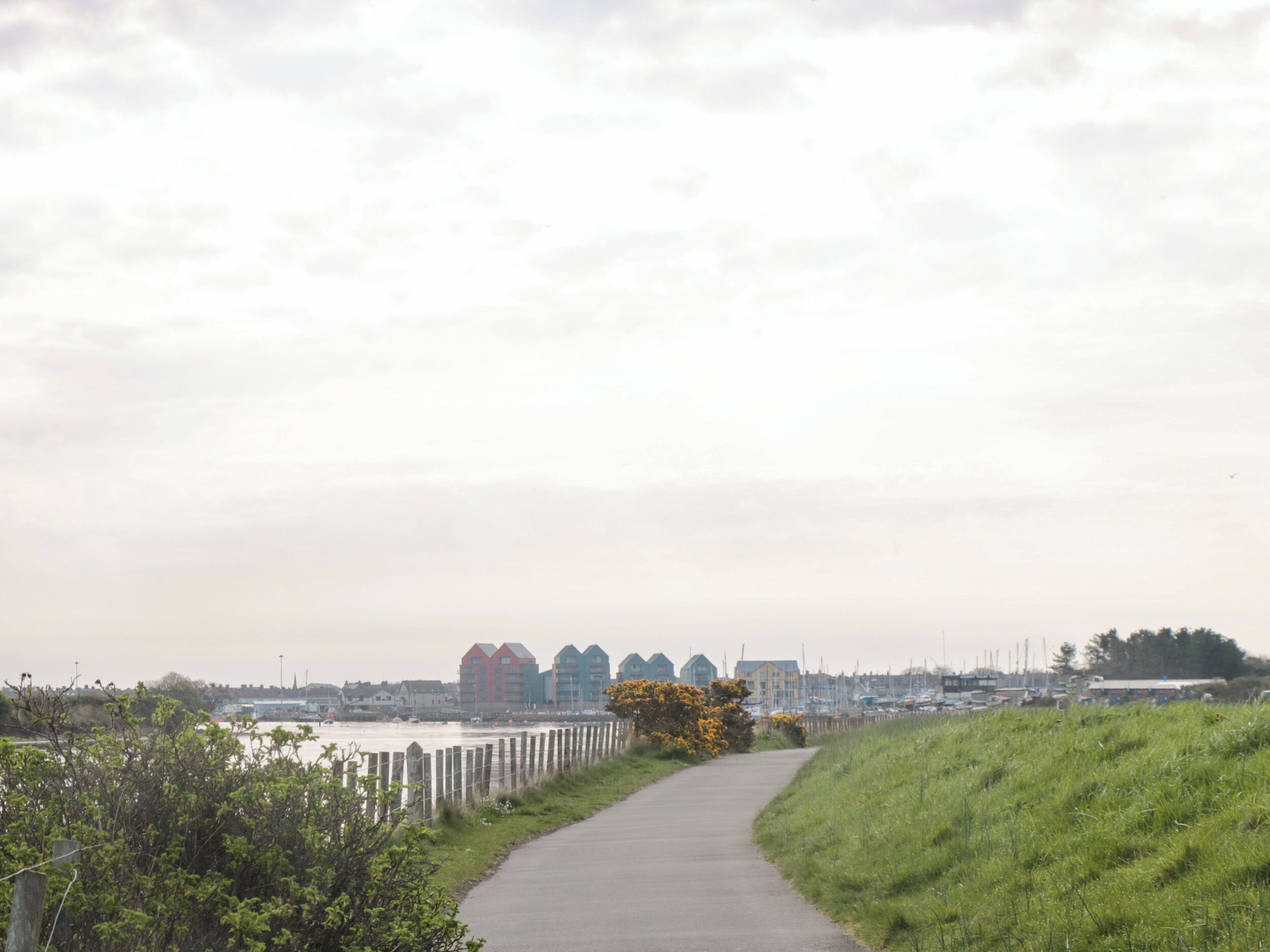 Un chemin pavé mène à la promenade en bord de mer, avec des bâtiments en arrière-plan.
