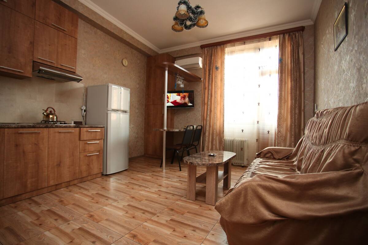 A compact living space with a kitchenette, a dining area, and a seating area.