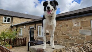 A stone building with a wooden deck and a table. - Jacobswell House – Dog‑Friendly 3‑Bedroom Cottage with Field Views & Cycle Storage (Cramlington)