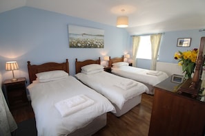 Two single beds with wooden headboards, bedside tables, and a dresser create a classic retreat.
