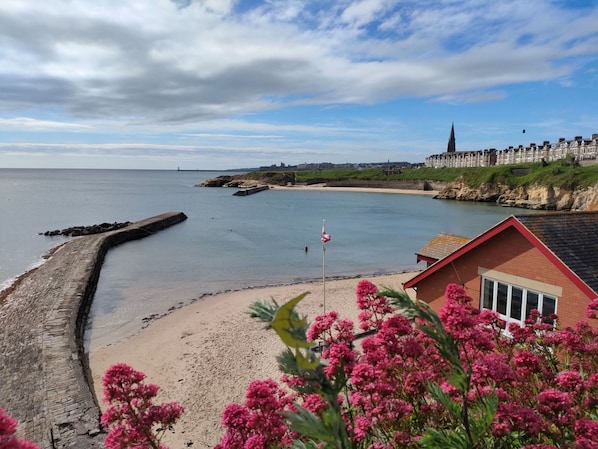 Stunning coastal views from the beachfront building with a red roof and flagpole.