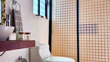 Douche, sèche-cheveux, serviettes fournies, savon
