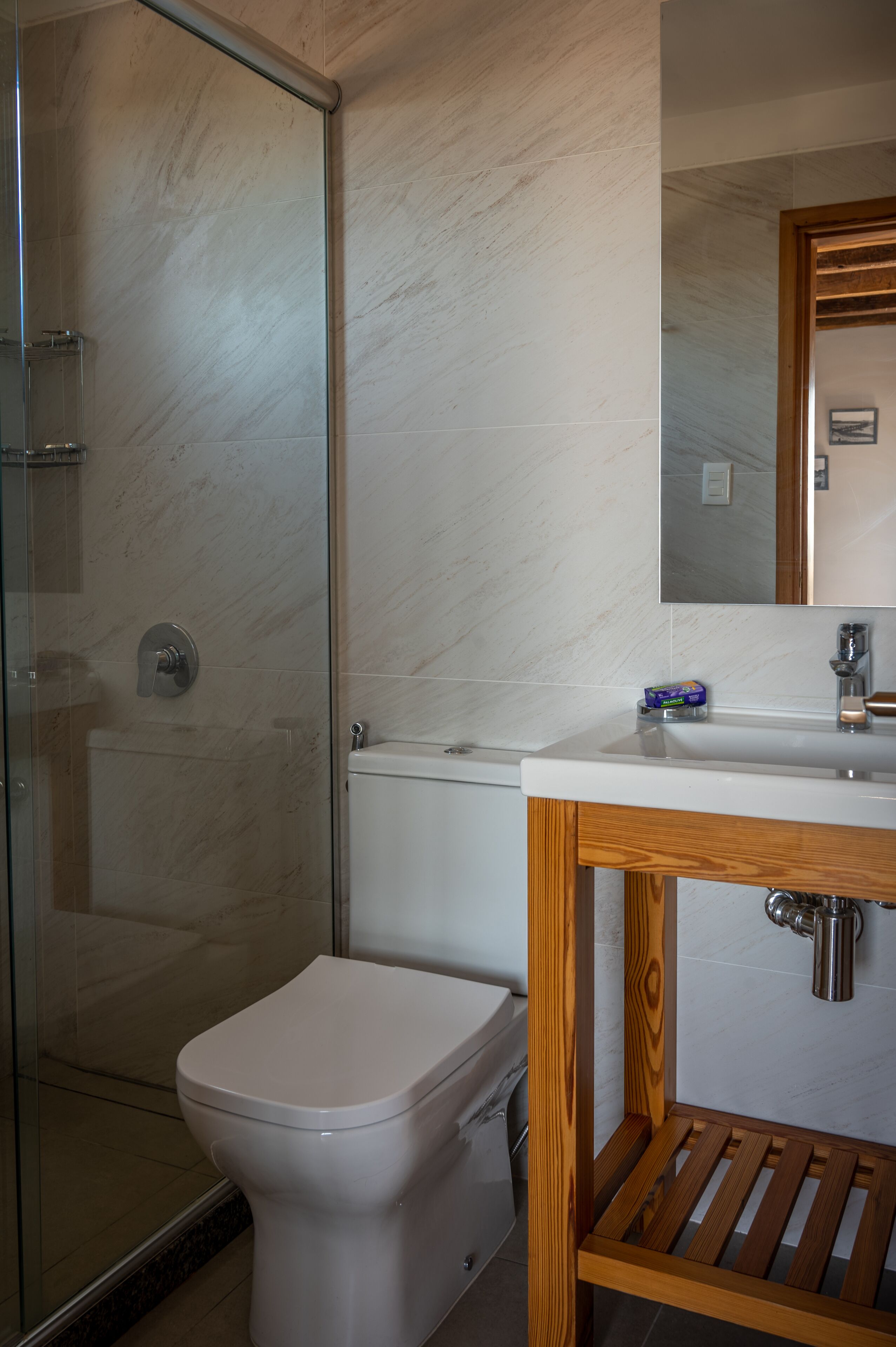 A bathroom with a glass shower enclosure, a white toilet, and a wooden vanity with a mirror.