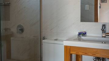 A bathroom with a glass shower enclosure, a white toilet, and a wooden vanity with a mirror.