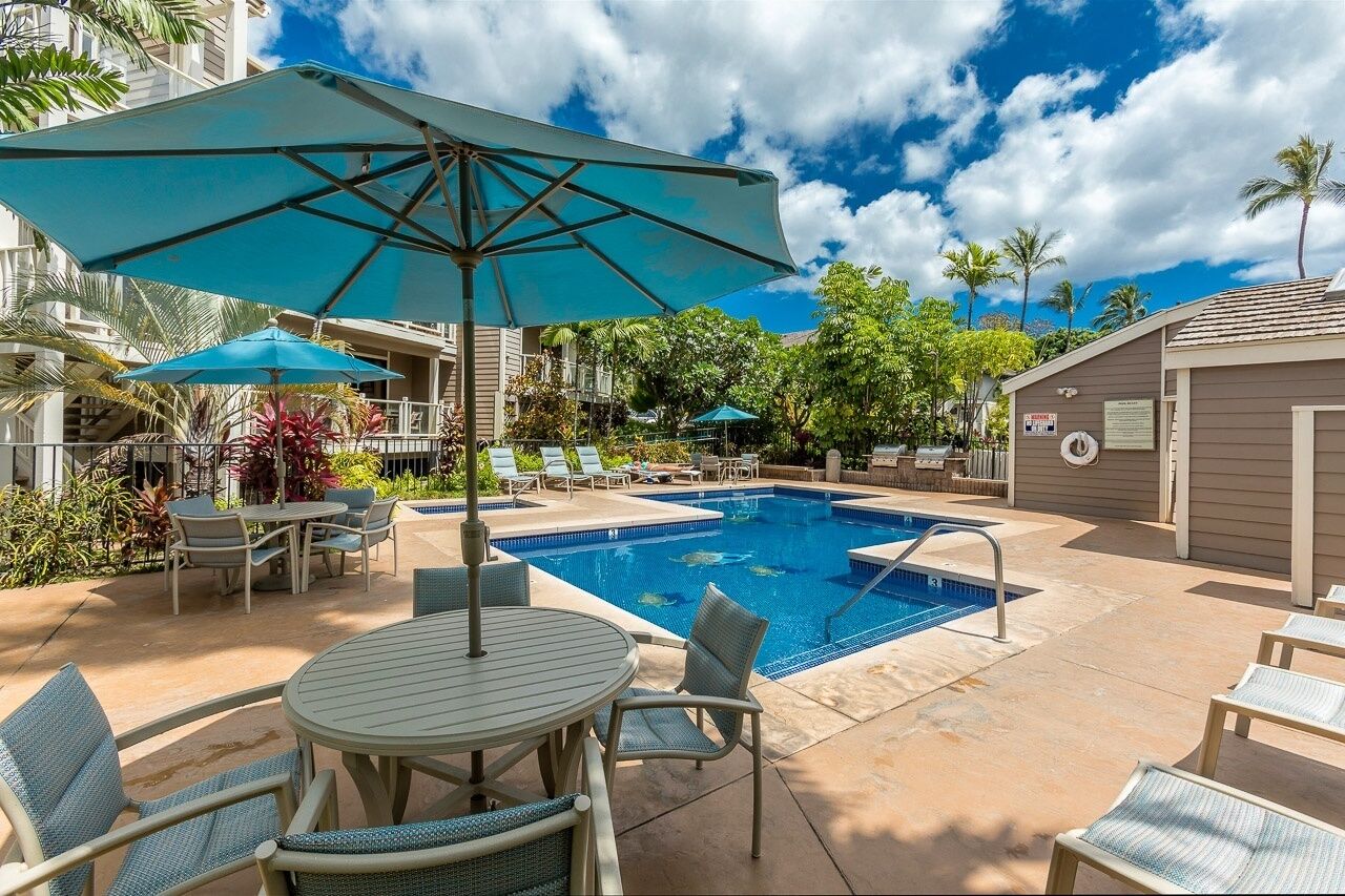 A pool area with lounge chairs, umbrellas, and a small building, surrounded by palm trees and greenery.