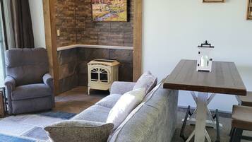 TV connectée, cheminée, livres