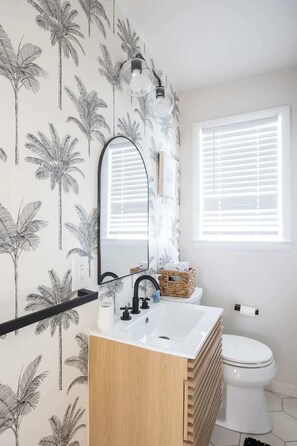 Shower, hair dryer, shampoo