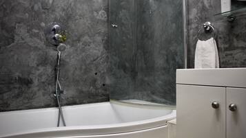 Hair dryer, towels, soap, toilet paper