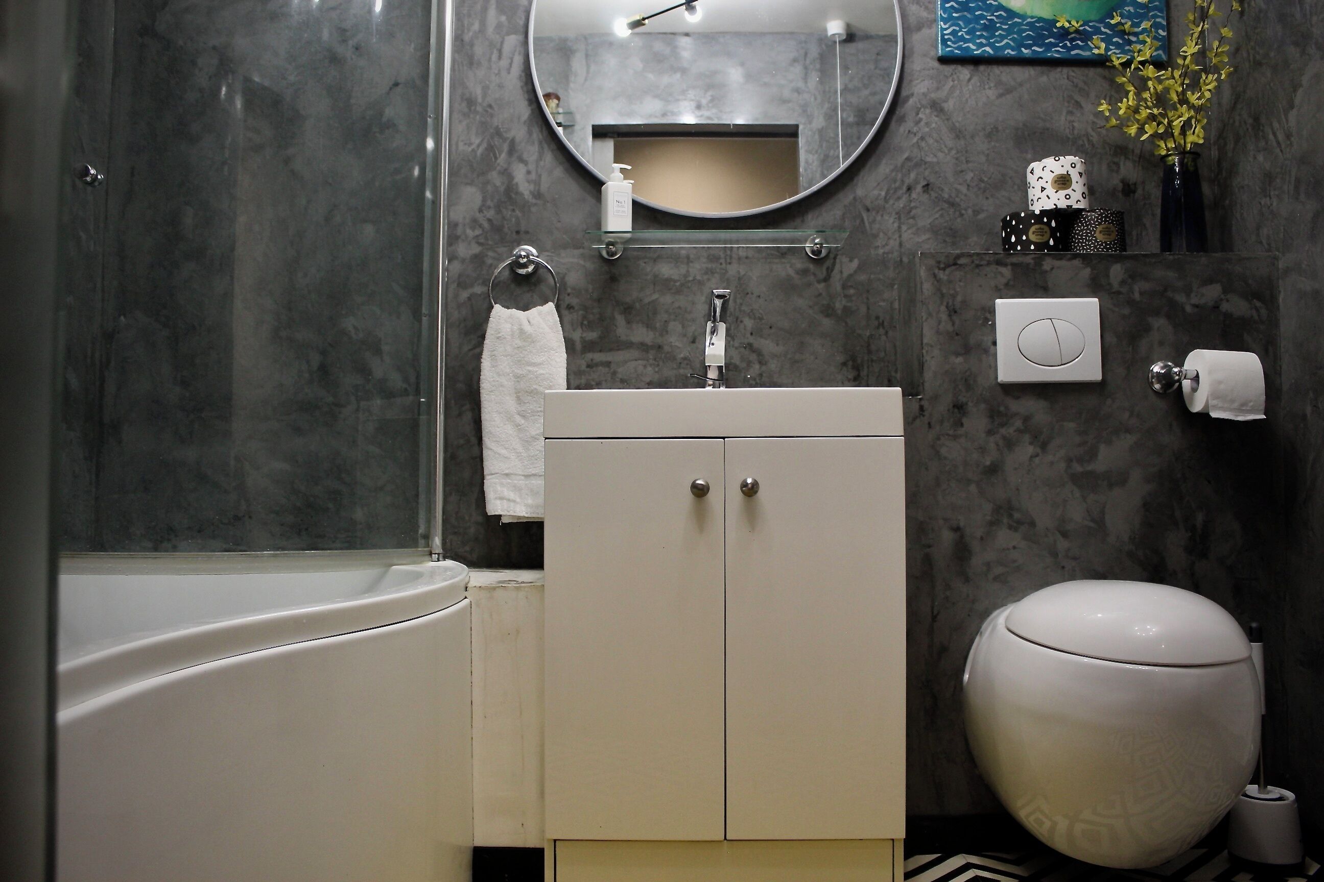 Hair dryer, towels, soap, toilet paper
