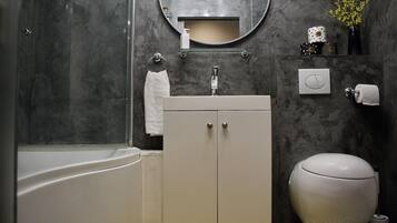 Hair dryer, towels, soap, toilet paper
