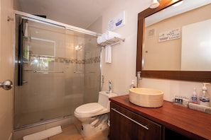 Douche, serviettes fournies, savon, papier toilette
