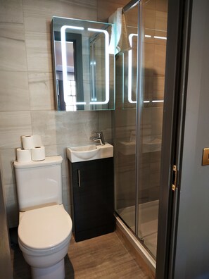 Ein modernes Badezimmer mit Toilette, Waschbecken und Duschkabine.