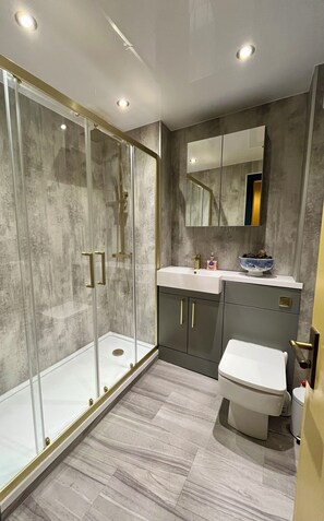 Ducha, secador de pelo, toallas, jabón