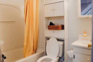 Shower, hair dryer, shampoo
