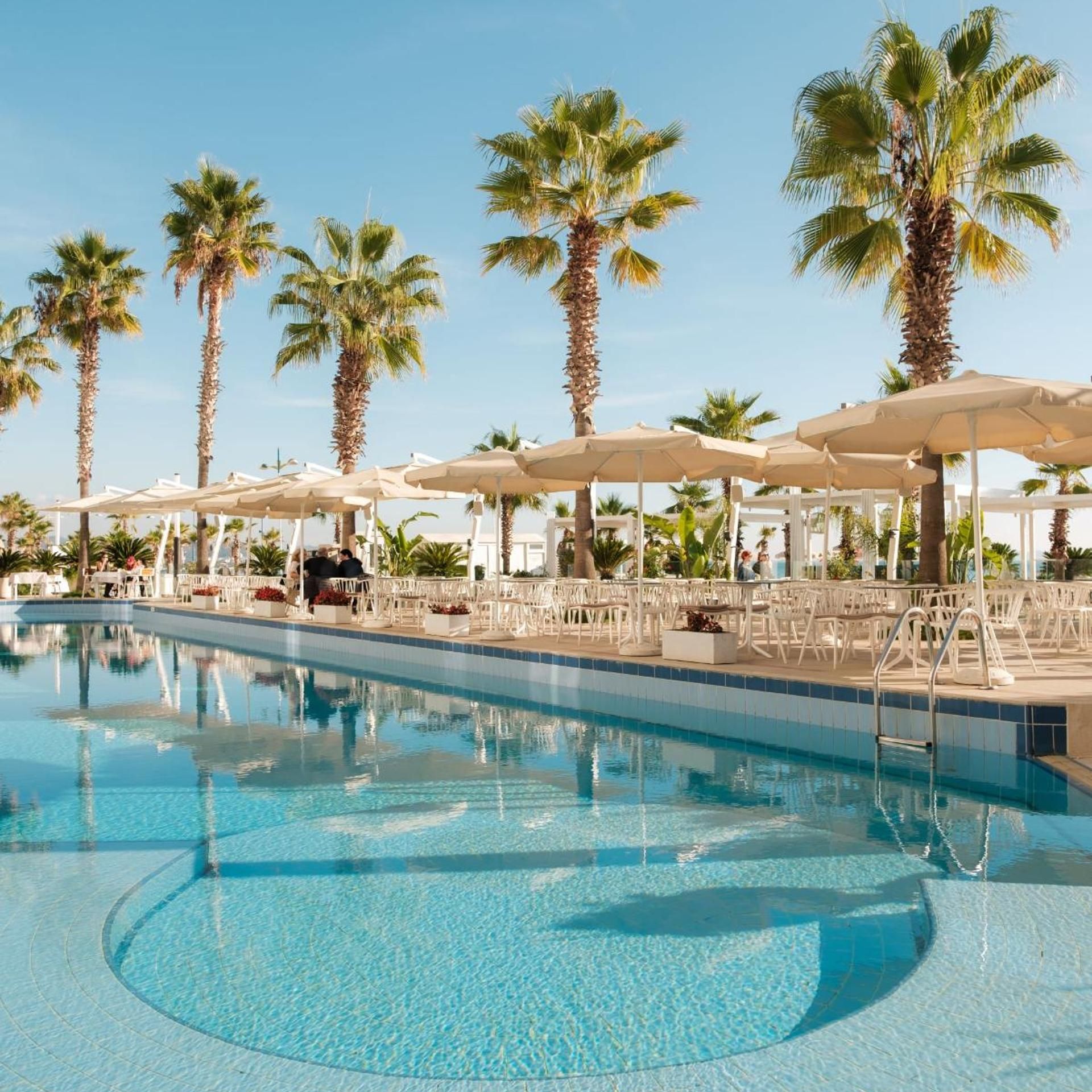 Une piscine entourée de palmiers, avec des chaises longues et des parasols.