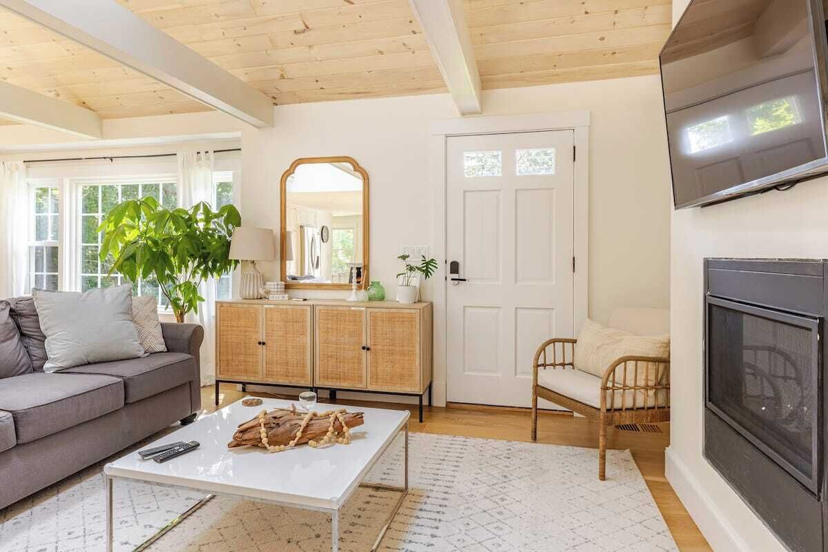 Smart TV, fireplace, books