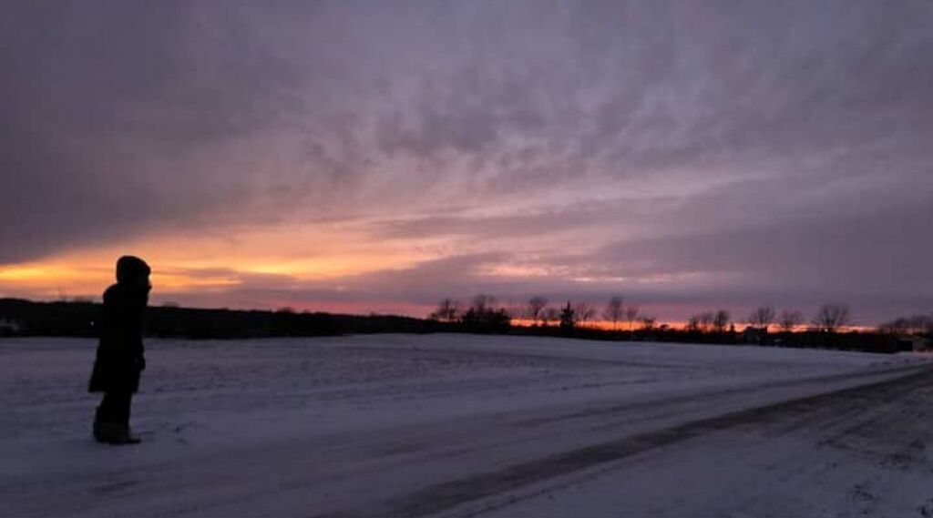 A person standing in a snowy field during twilight.