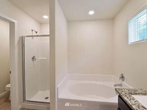 Bathroom features a glass-enclosed shower and a standalone bathtub with seat.