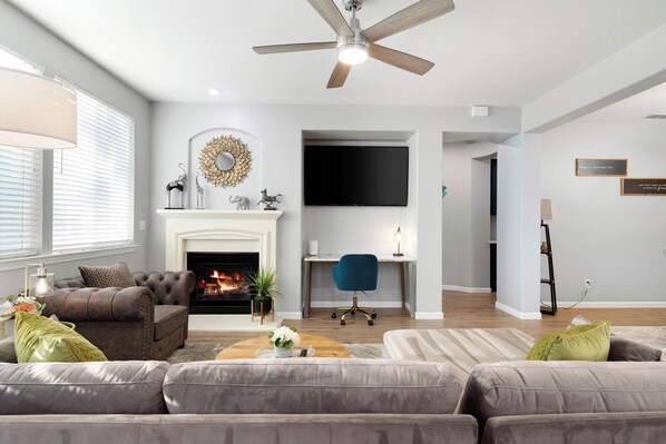 Smart TV, fireplace, books