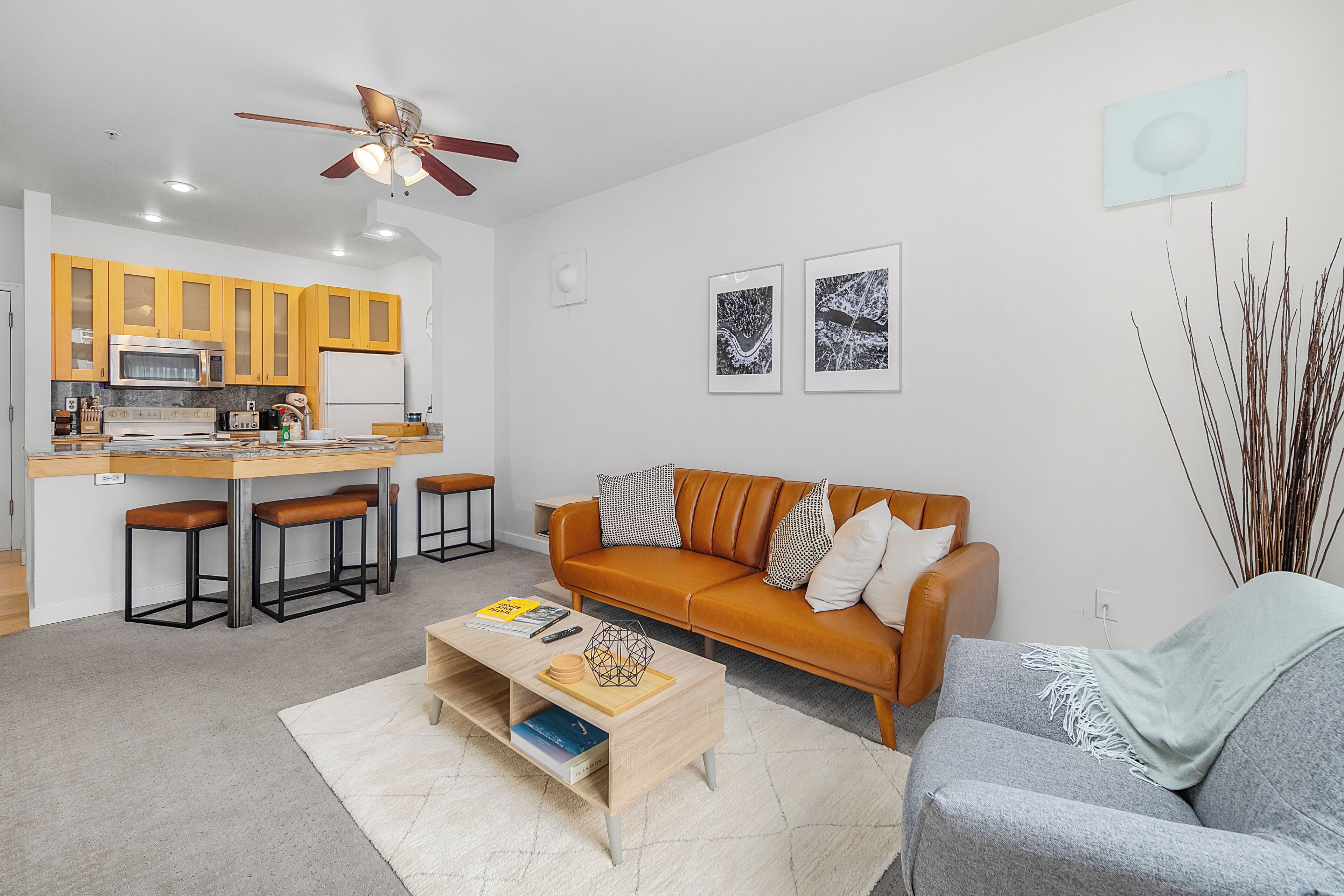 A modern living space with a kitchen, a sofa, and a coffee table.