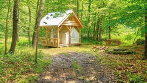 Una cabaña de madera en un bosque, con un camino de tierra que la lleva al frente, rodeada de árboles.