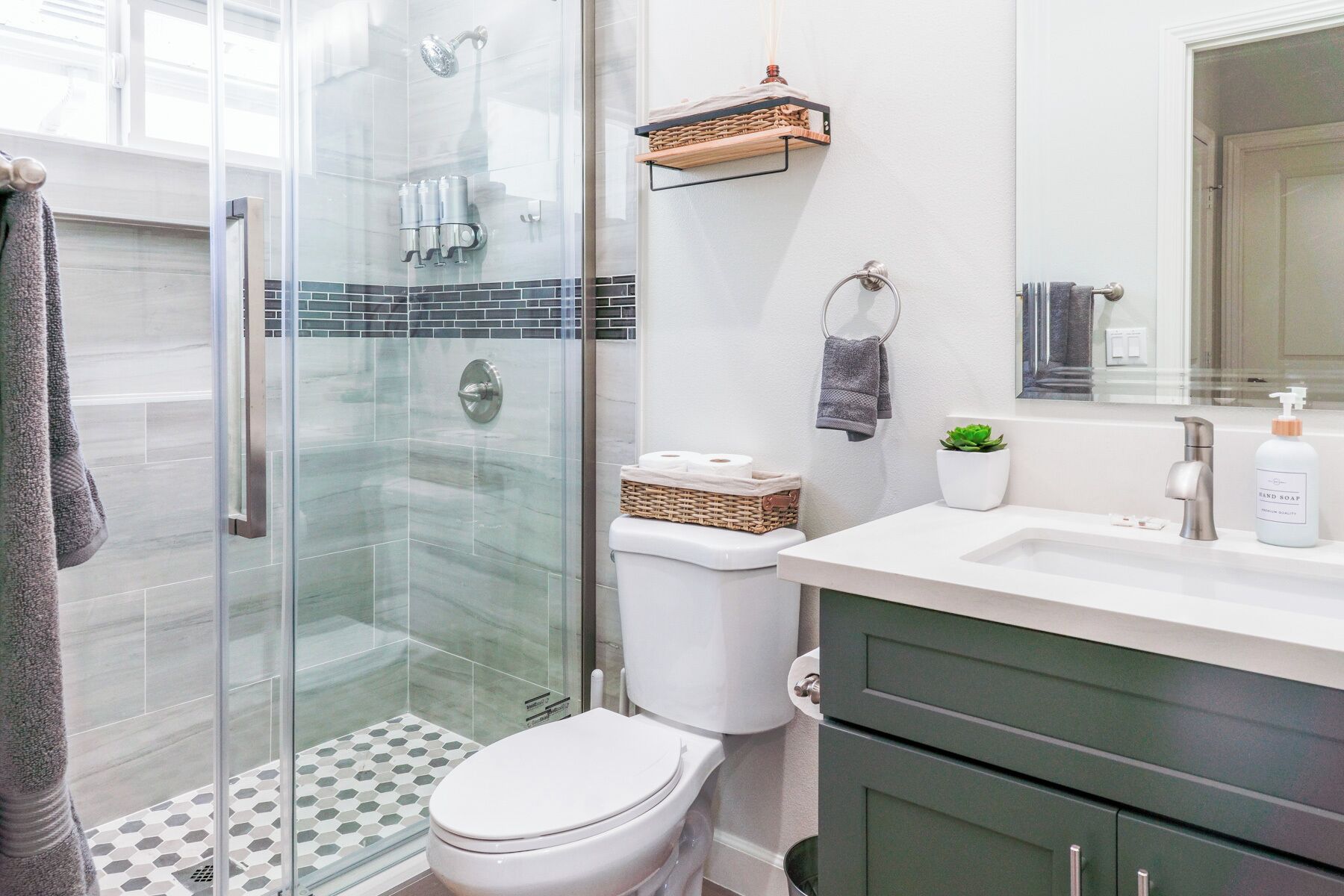 Shower, eco-friendly toiletries, hair dryer, towels