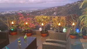 Une terrasse agrémentée de plantes en pot, de meubles en osier et offrant une vue sur le paysage urbain.