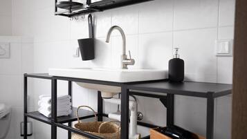 Hair dryer, towels, soap