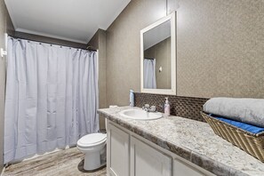 Hair dryer, towels, soap, shampoo