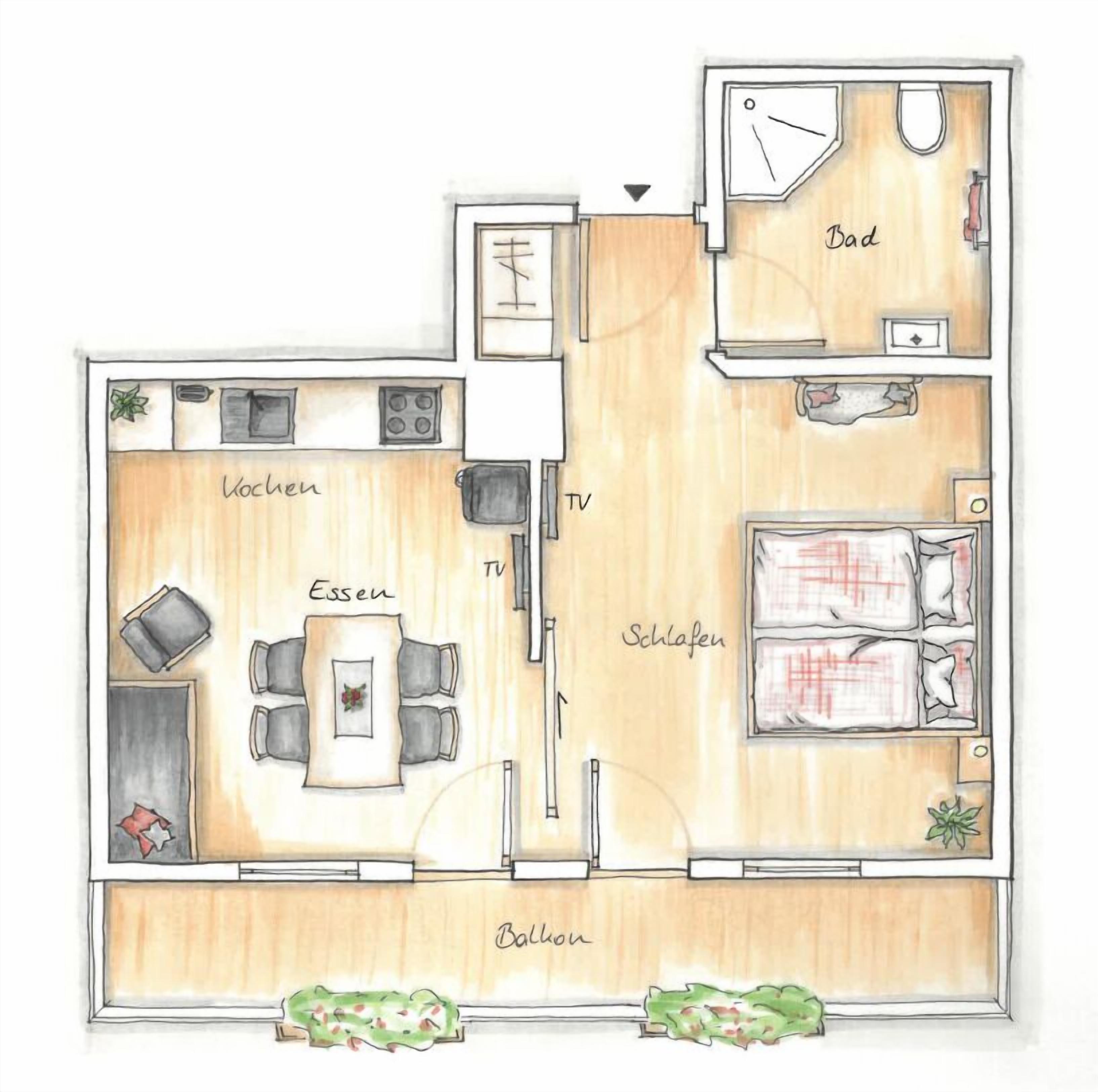 A floor plan of a hotel room with a living area, a TV, a bathroom, and a balcony.
