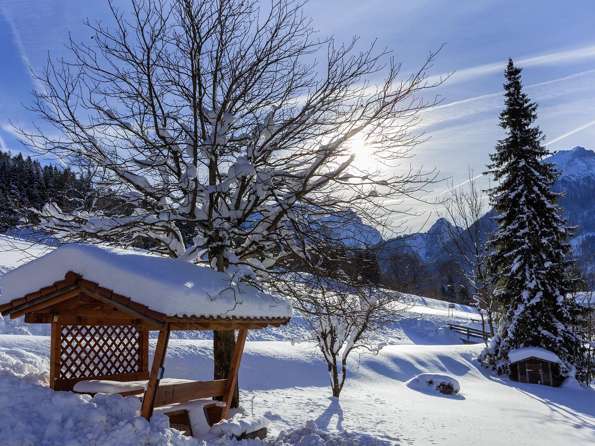 Un mirador de madera con diseño de celosía, rodeado de árboles cubiertos de nieve y montañas al fondo.