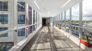 A long, narrow corridor with large windows on both sides, wooden flooring, and potted plants along the right wall. - Ocean View Wraparound Balcony and Rooftop Pool-CS1 (Hollywood)