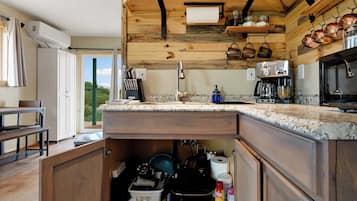 Fridge, microwave, coffee/tea maker, toaster
