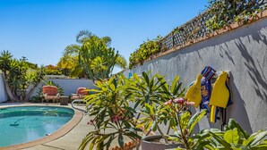 A pool area with a concrete edge, potted plants, and a wall with a climbing plant. - Relax at this Family Home w/ Solar heated Pool & Game Room. Close to everything! (San Diego)