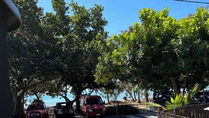 A parking area with several vehicles, including a red car and a black SUV, parked under trees.