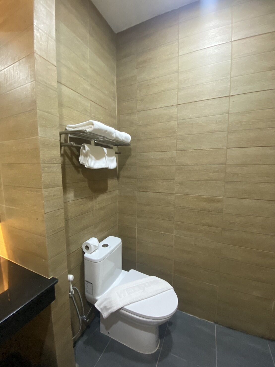 Un baño pequeño y moderno con inodoro, toallero y soporte para papel higiénico.