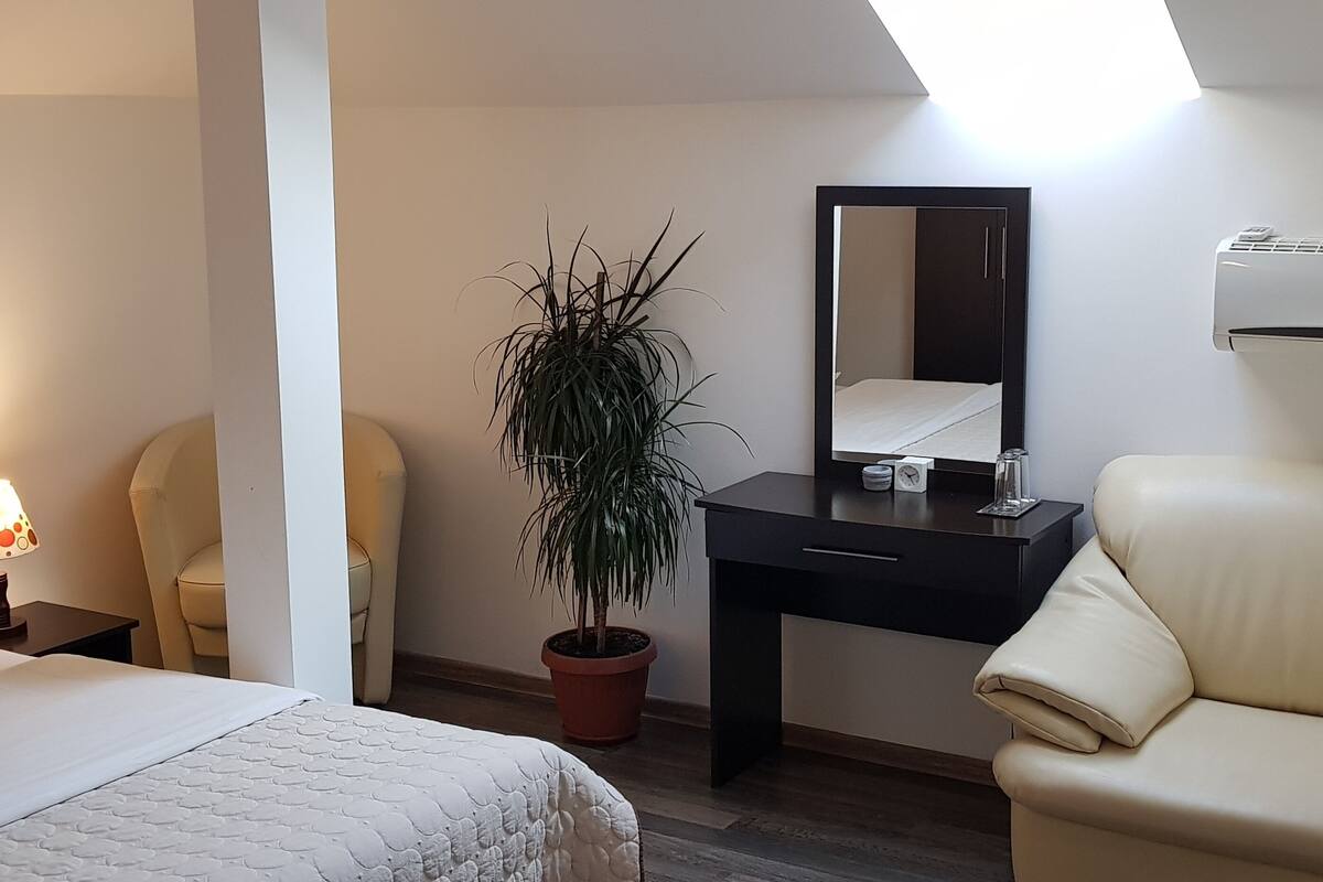 Quarto de hotel com cama, escrivaninha, cadeira, planta em vaso, espelho e ar condicionado.