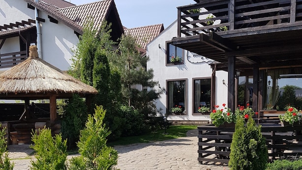 A courtyard with a stone pathway, wooden benches, and potted plants. - Casa Drumeţului (Savinesti)