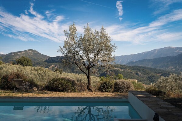 A pool with a clear view of a tree and mountains in the background. - Charming Stone House set in its own olive grove, with large pool & amazing views (Buis-les-Baronnies)