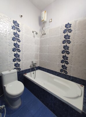 Hair dryer, towels, soap, toilet paper