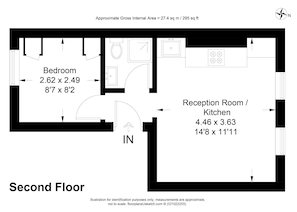 Spacious bedroom and reception room/kitchen area, featuring a comfortable living space.
