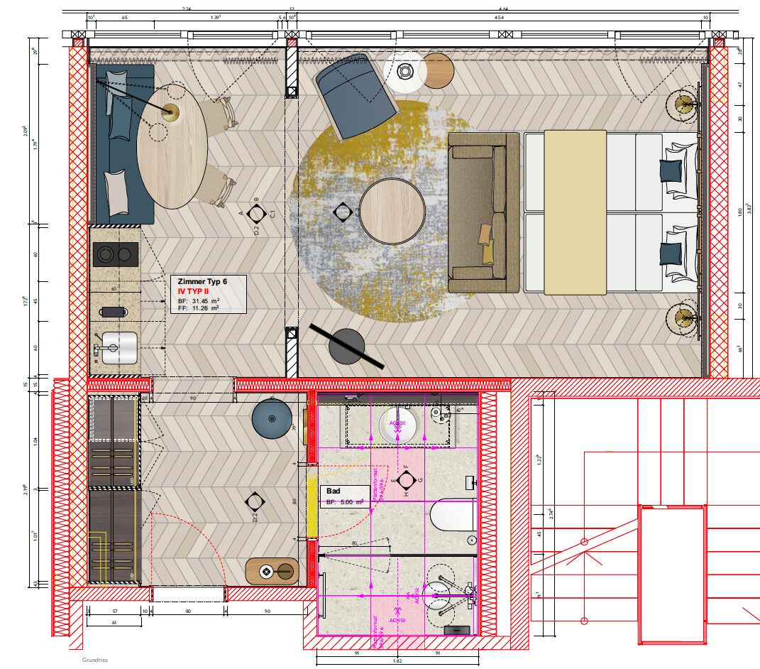 Plano de planta de una habitación de hotel que incluye una sala de estar, kitchenette, baño y un espacio habilitado para ducha con acceso para sillas de ruedas.