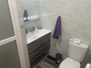 Chuveiro, toalhas de banho, sabonete, papel higiênico