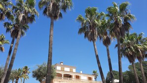 Un bâtiment à deux étages, avec une base en pierre et une partie supérieure blanche, entouré de palmiers.