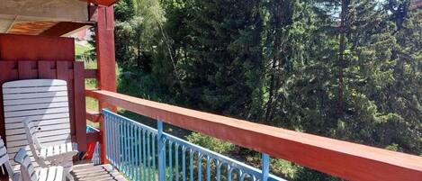 Una terraza de madera con barandal azul, con vistas a una zona boscosa.