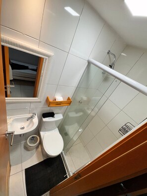 Une salle de bain compacte avec une douche à parois de verre, un lavabo et des toilettes.