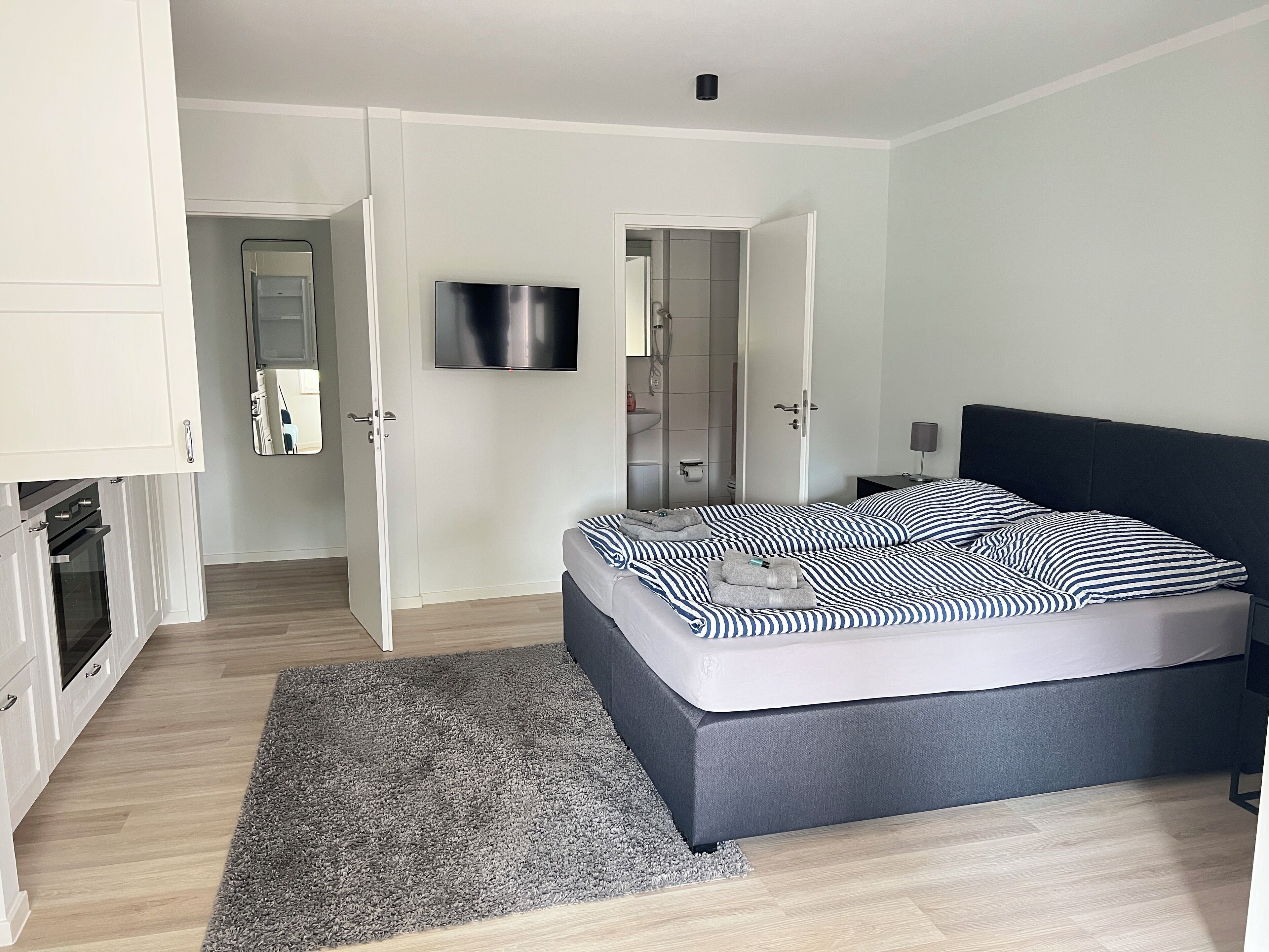A modern bedroom with a bed, a TV, a walk-in closet, and a bathroom.