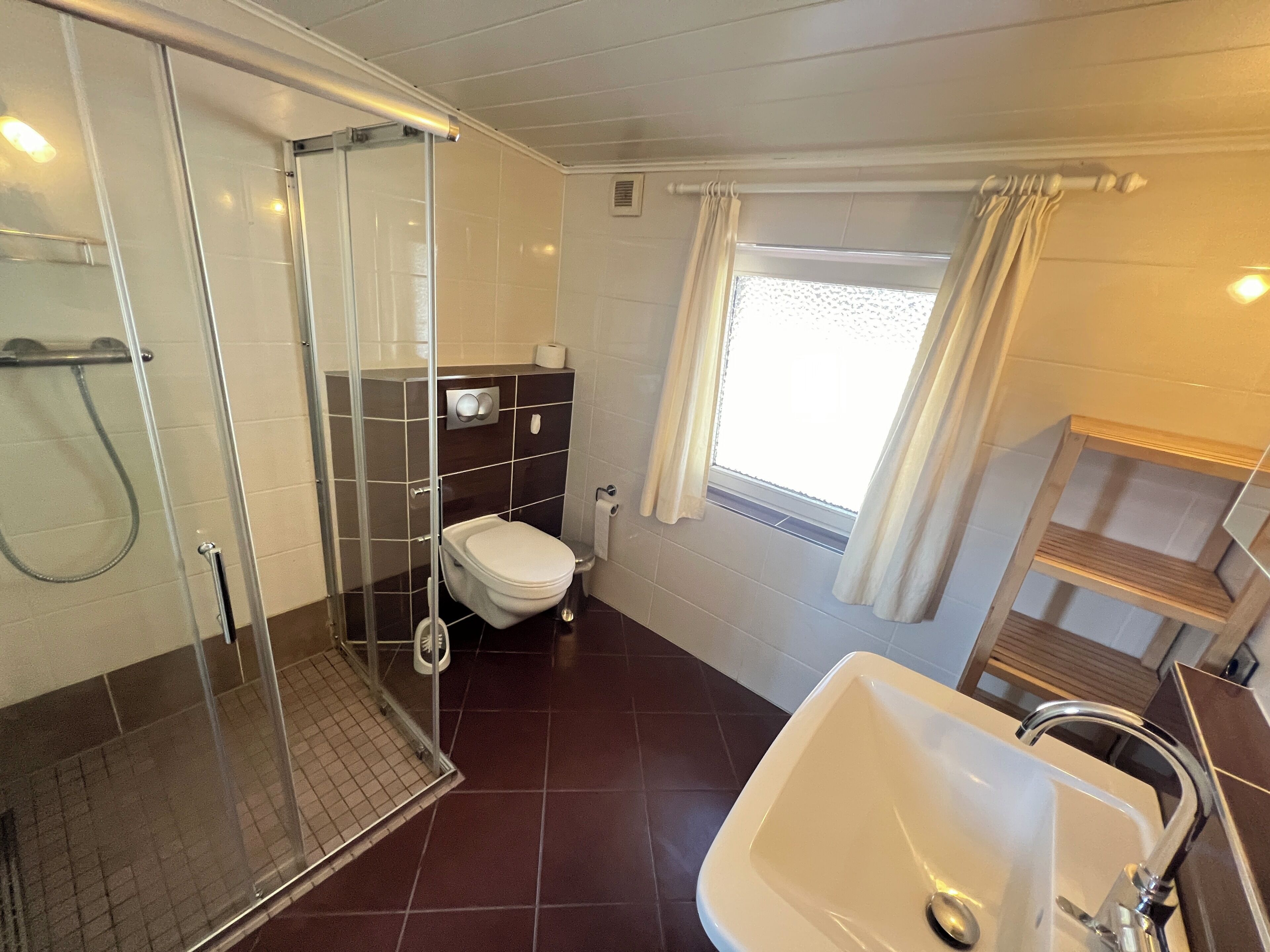 A bathroom with a glass-enclosed shower, a white toilet, a sink, and a window with curtains.
