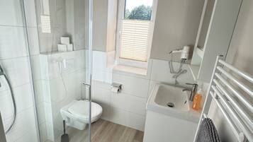 A modern bathroom with a glass shower enclosure, a toilet, a sink, and a window.
