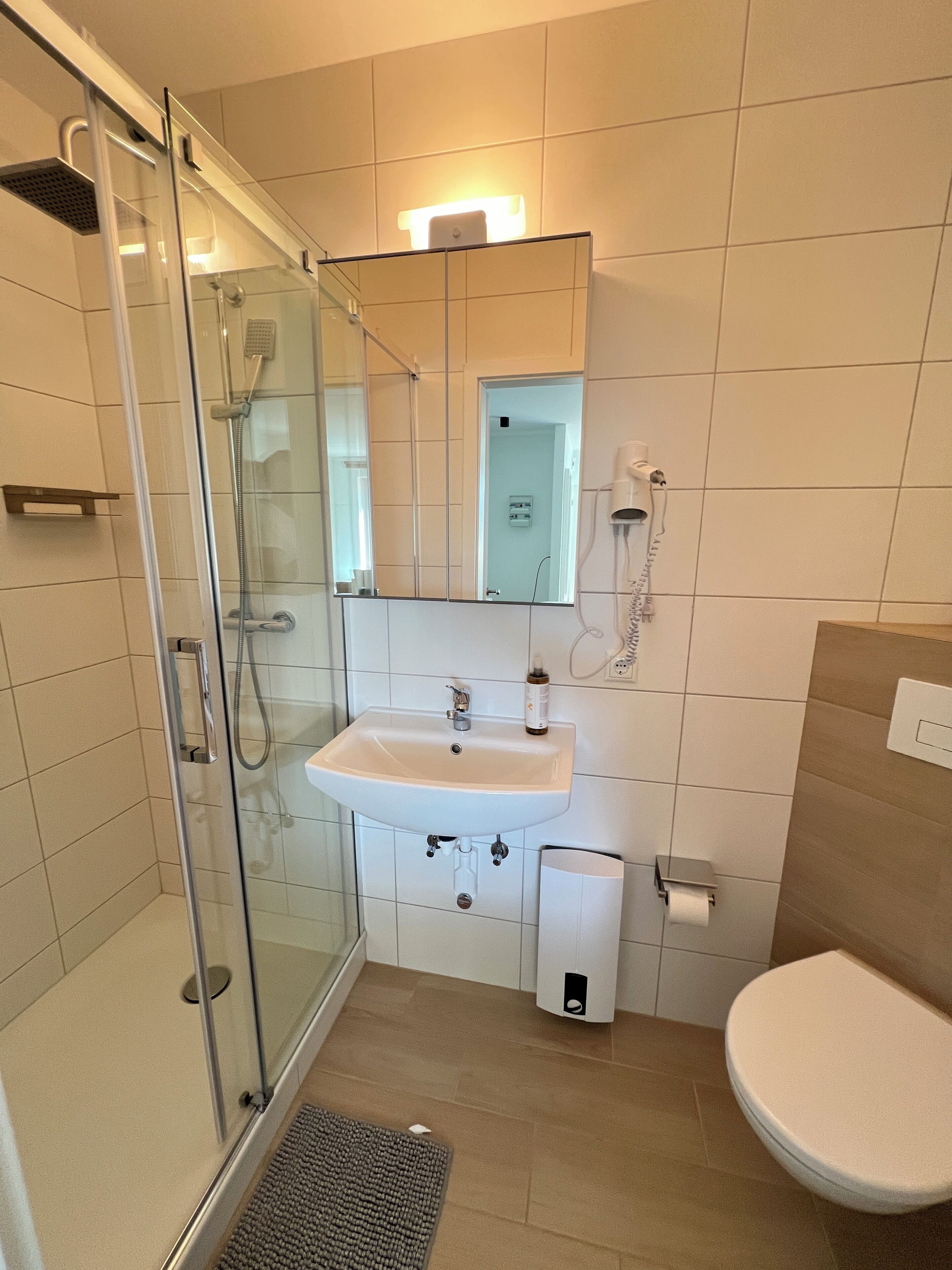 A bathroom with a glass shower enclosure, a sink with a mirror above, and a toilet.